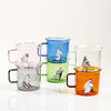 Set of colorful glass mugs with cartoon characters on a white background