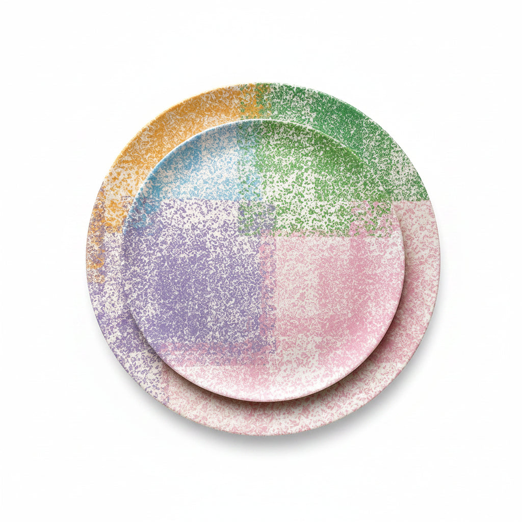 A set of three nested round plates with a colorful pastel grid pattern and a speckled finish, shown on a solid white background.