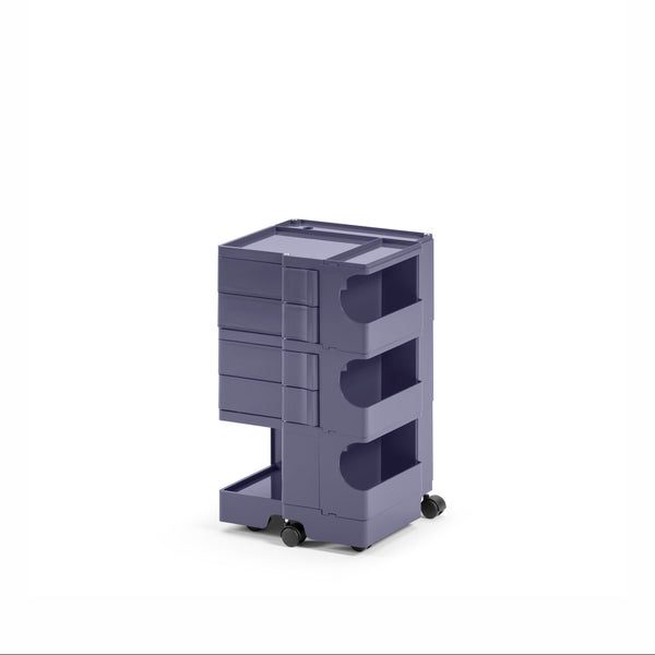 Purple storage cart with multiple compartments on a white background