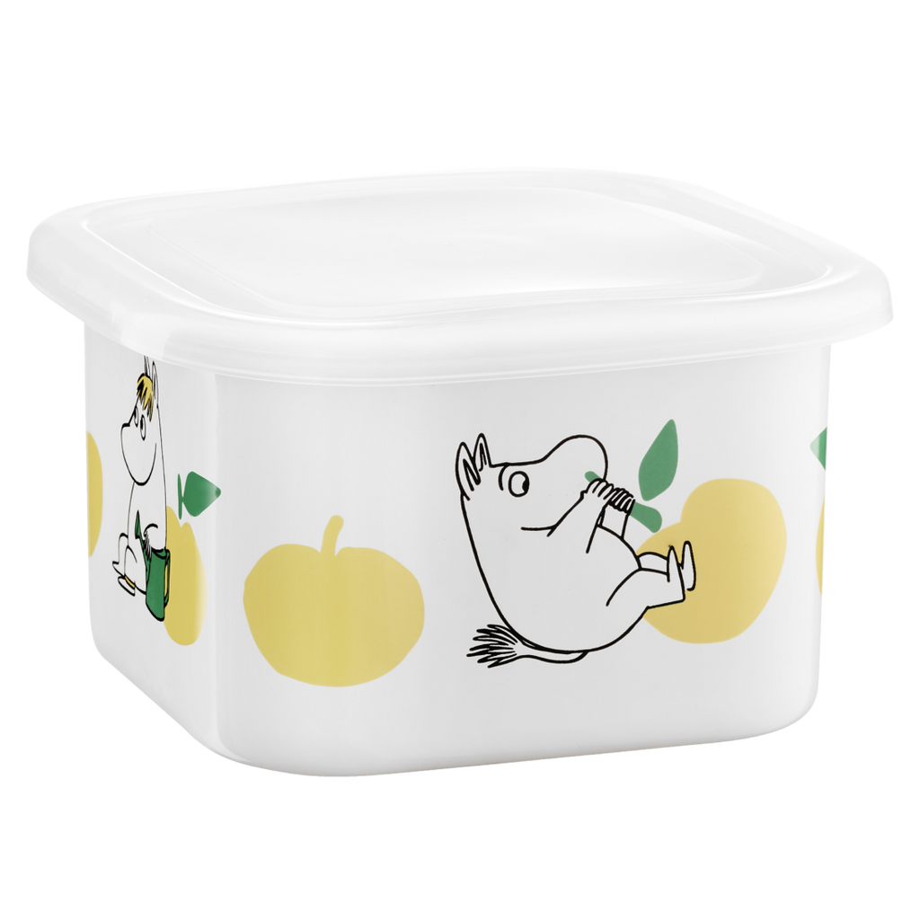 White container with cartoon characters and apples on a white background