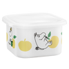 White container with cartoon characters and apples on a white background