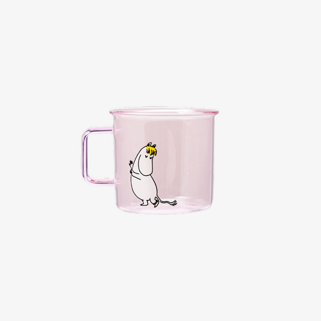 Pink mug with a cartoon character on a white background