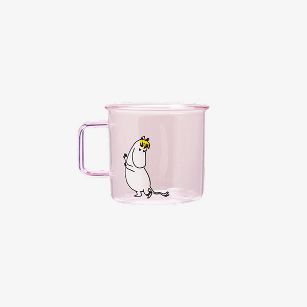 Pink mug with a cartoon character on a white background