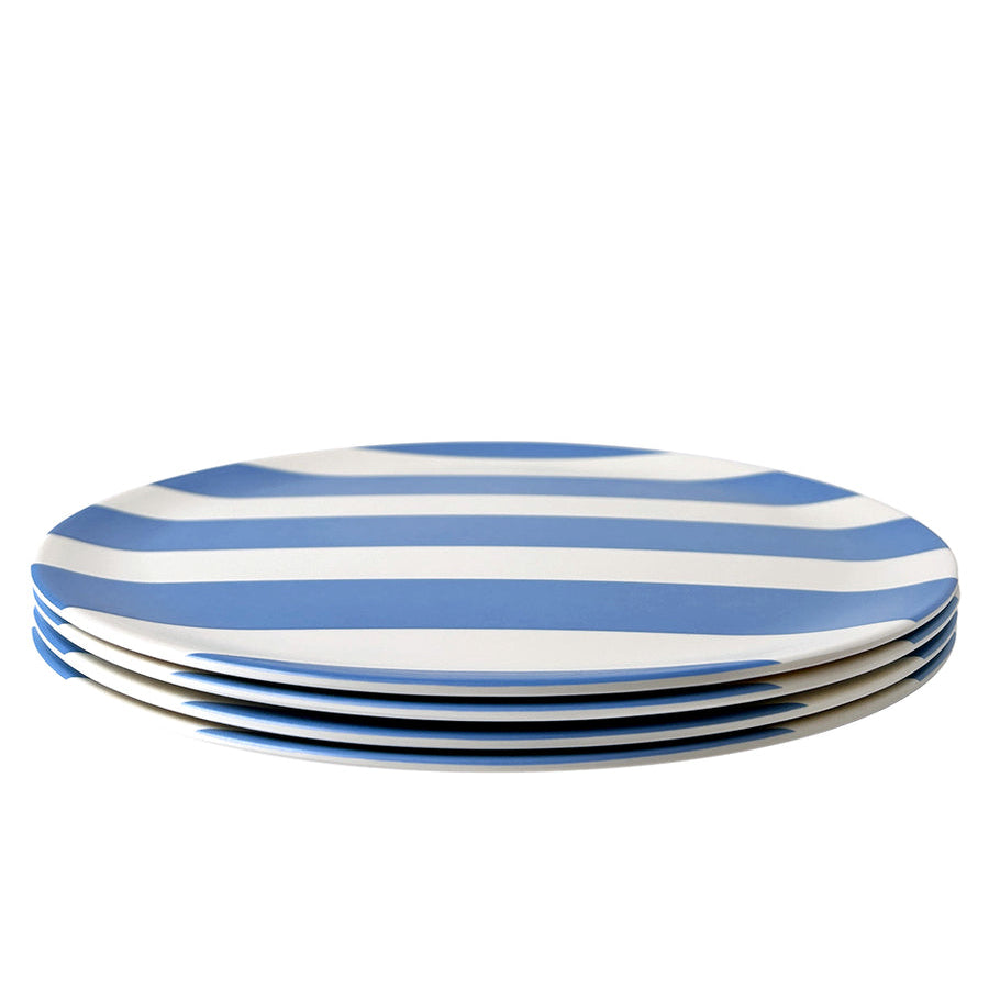 A stack of round ceramic plates with horizontal blue and white stripes, shown against a plain white background.