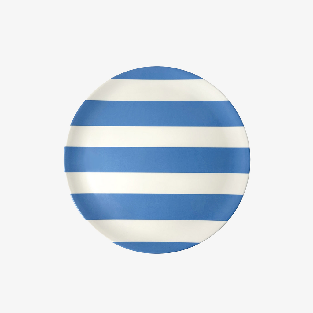 A round plate with horizontal blue and white stripes, shown from a top-down view on a light gray background.