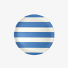 A round plate with horizontal blue and white stripes, shown from a top-down view on a light gray background.