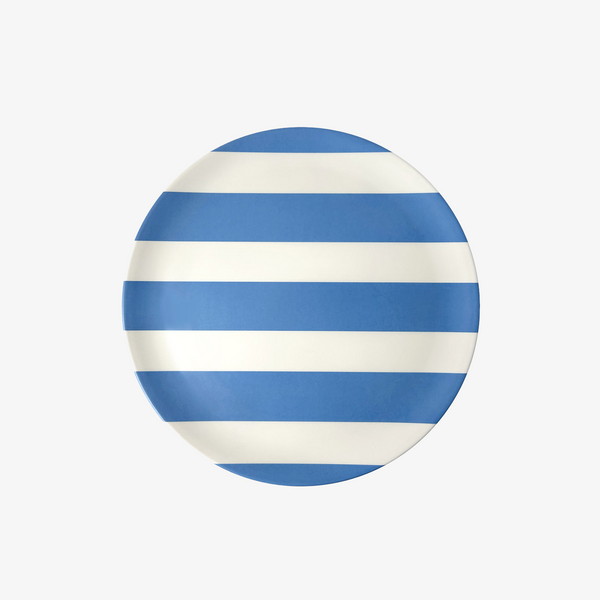 A round plate with horizontal blue and white stripes, shown from a top-down view on a light gray background.