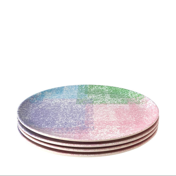 A stack of four round coasters with a glittery pastel gradient design transitioning from blue and purple to pink and green, set against a plain white background.