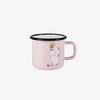 Pink mug with a cartoon character on a white background