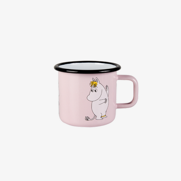 Pink mug with a cartoon character on a white background